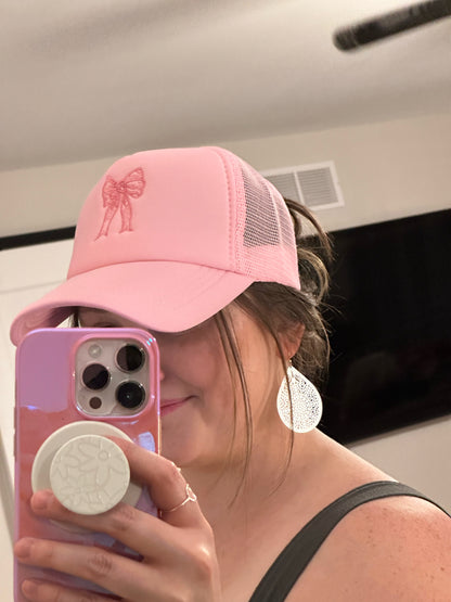 Embroidered Bow Trucker Hat-Pink