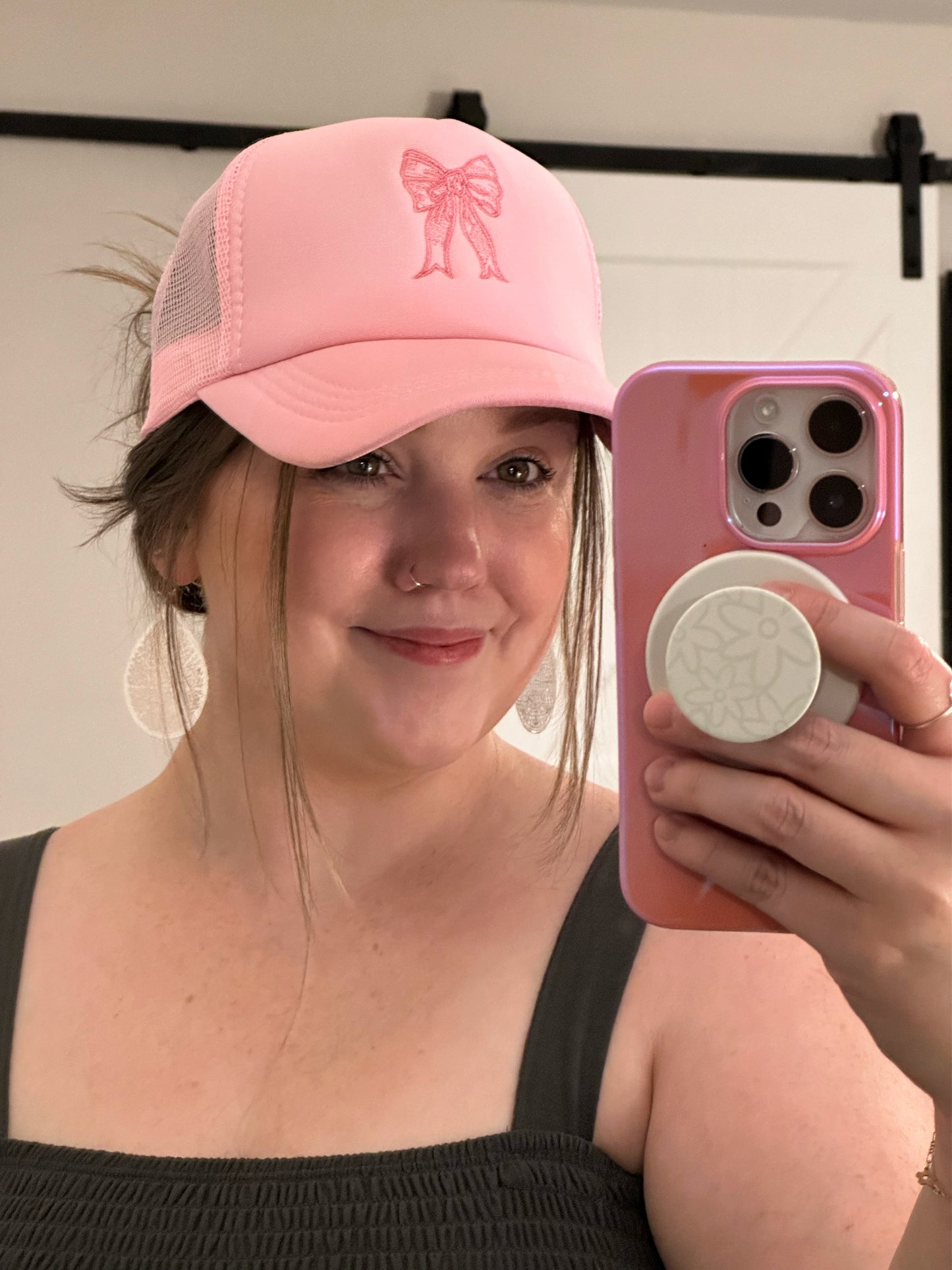 Embroidered Bow Trucker Hat-Pink