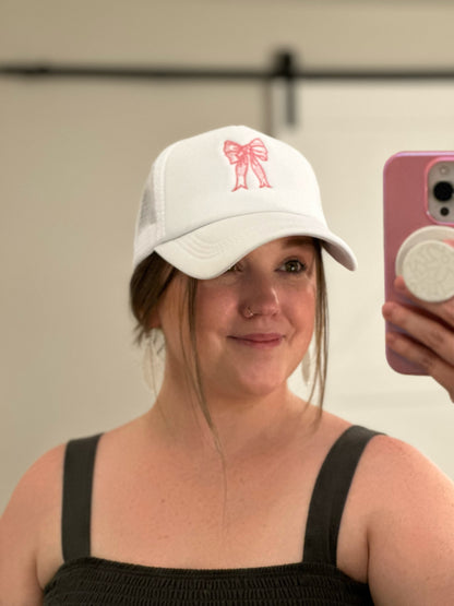 Embroidered Bow Trucker Hat-White